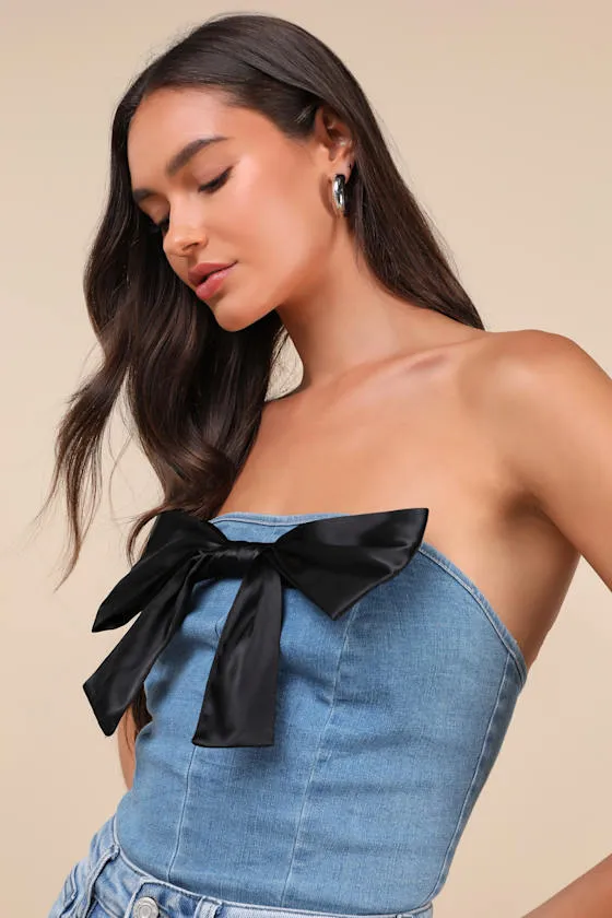 Flirty Admiration Light Wash Denim Bow Strapless Crop Top sold by Lulus product image thumbnail 4