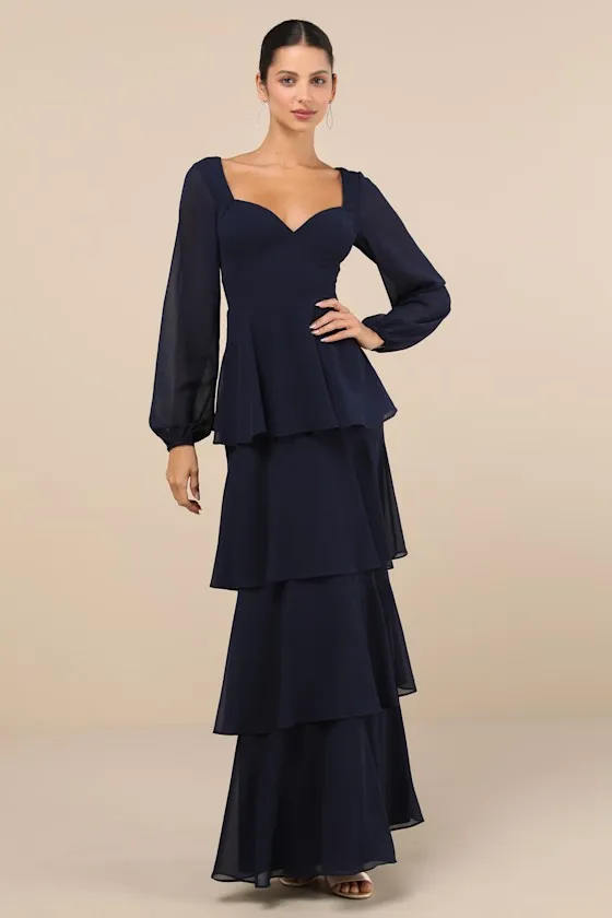 Flawless Excellence Navy Blue Tiered Long Sleeve Maxi Dress sold by Lulus