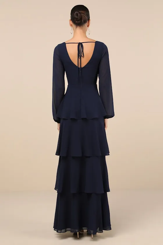 Flawless Excellence Navy Blue Tiered Long Sleeve Maxi Dress sold by Lulus product image thumbnail 2
