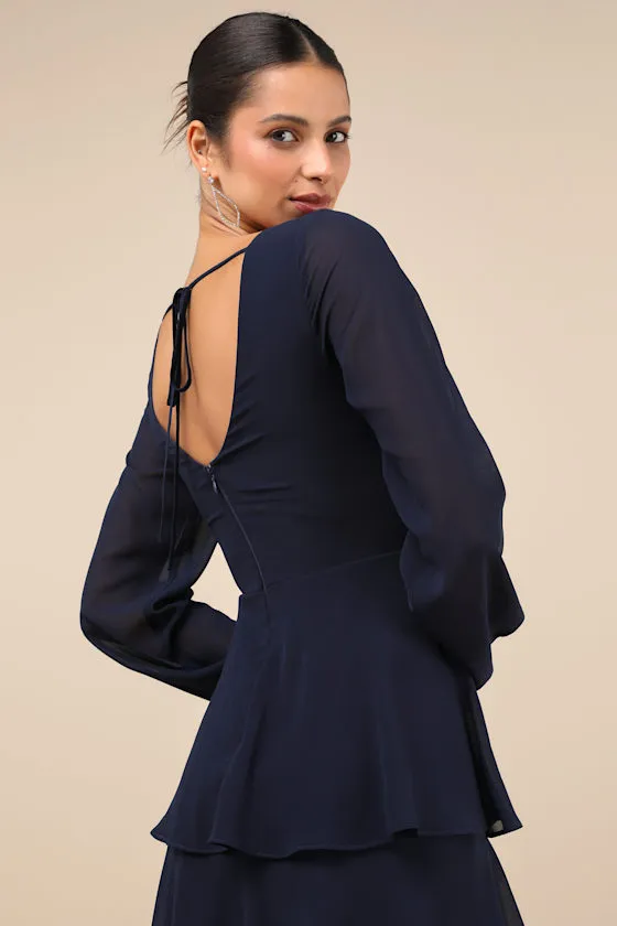 Flawless Excellence Navy Blue Tiered Long Sleeve Maxi Dress sold by Lulus product image thumbnail 3