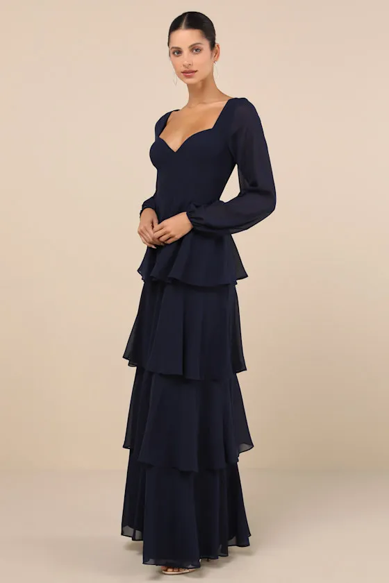 Flawless Excellence Navy Blue Tiered Long Sleeve Maxi Dress sold by Lulus product image thumbnail 4
