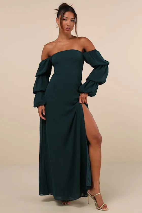Demure Aura Emerald Tiered Balloon Sleeve Off-the-Shoulder Dress sold by Lulus