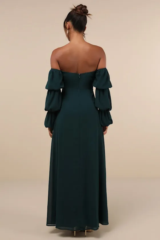 Demure Aura Emerald Tiered Balloon Sleeve Off-the-Shoulder Dress sold by Lulus product image thumbnail 2