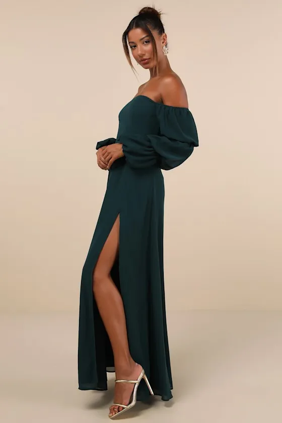Demure Aura Emerald Tiered Balloon Sleeve Off-the-Shoulder Dress sold by Lulus product image thumbnail 3