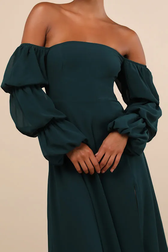 Demure Aura Emerald Tiered Balloon Sleeve Off-the-Shoulder Dress sold by Lulus product image thumbnail 4