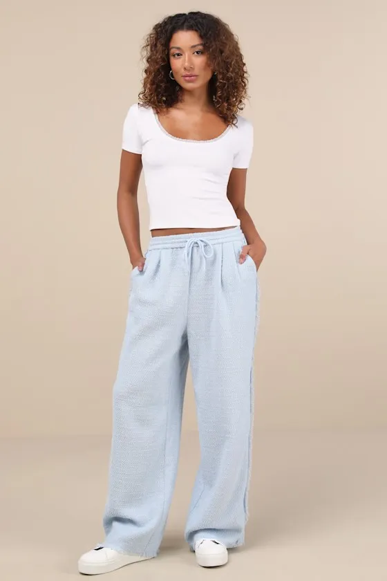 Trendsetting Aspect Light Blue Tweed Raw Edge Wide-Leg Pants sold by Lulus