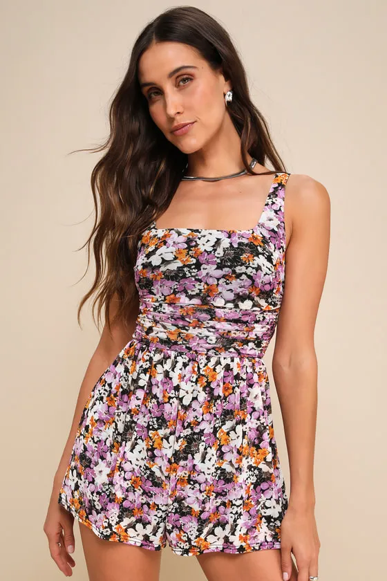 Truly Flirty Black Multi Floral Mesh Ruched Romper sold by Lulus