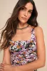 Truly Flirty Black Multi Floral Mesh Ruched Romper sold by Lulus