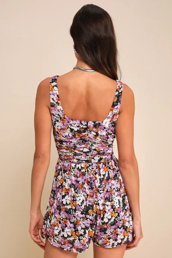 Truly Flirty Black Multi Floral Mesh Ruched Romper sold by Lulus product image thumbnail 4