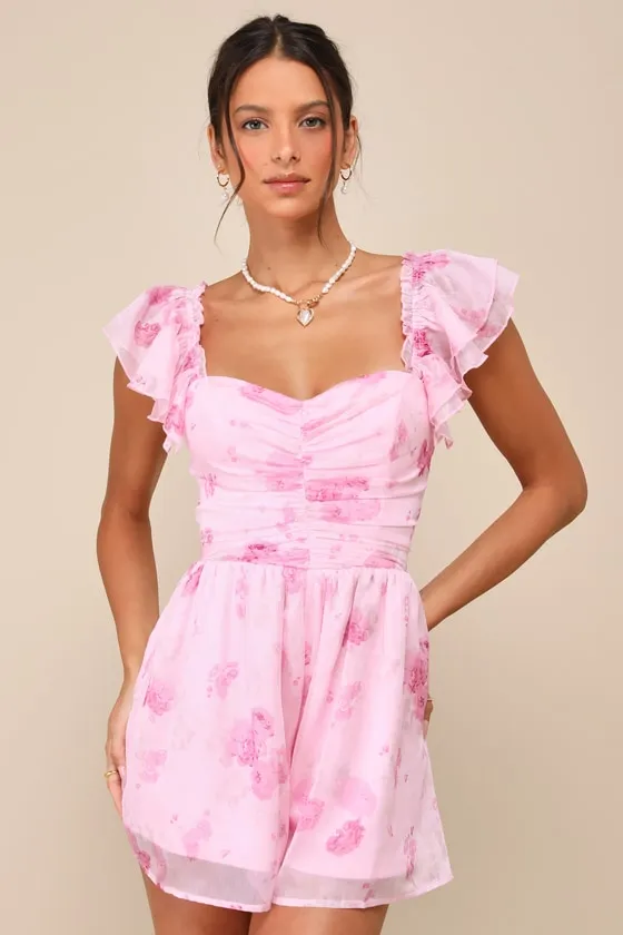 Adorable Existence Pink Floral Flutter Sleeve Tie-Back Romper sold by Lulus product image thumbnail 2