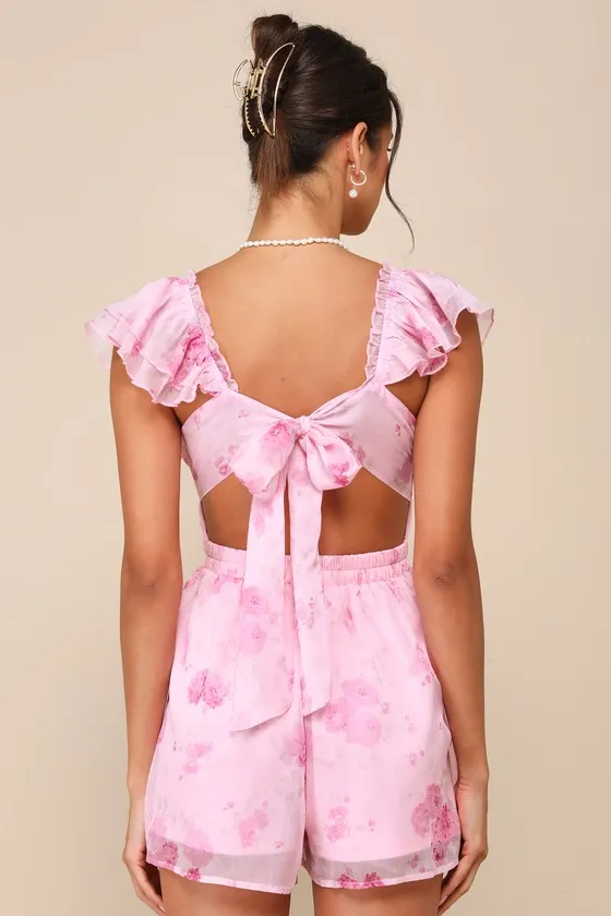Adorable Existence Pink Floral Flutter Sleeve Tie-Back Romper sold by Lulus product image thumbnail 3