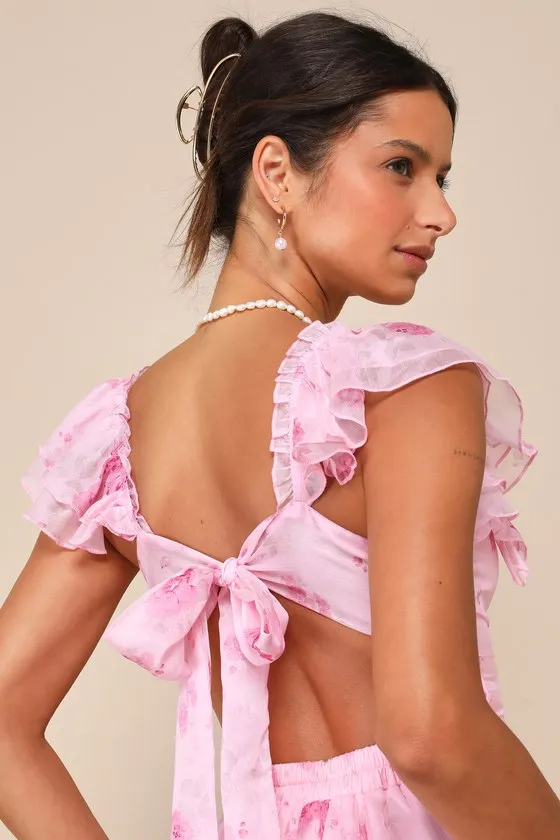 Adorable Existence Pink Floral Flutter Sleeve Tie-Back Romper sold by Lulus product image thumbnail 4