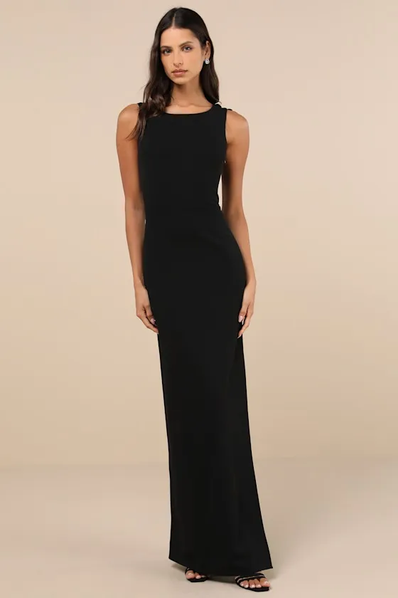 Perfected Poise Black Bow Cutout Column Maxi Dress sold by Lulus