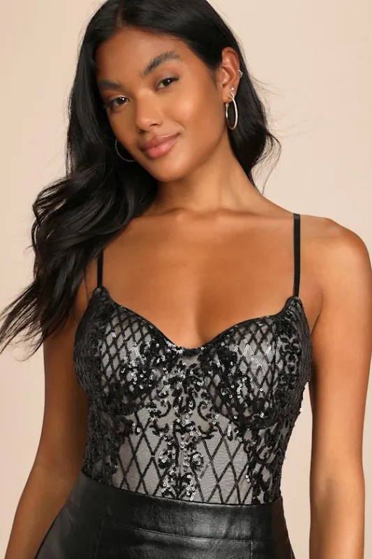 Purely Passionate Beige and Black Sequin Bustier Bodysuit sold by Lulus