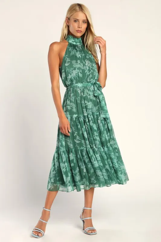 Float to You Green Floral Print Halter Tiered Midi Dress made by Lulus