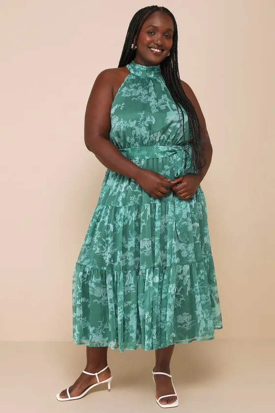 Float to You Green Floral Print Halter Tiered Midi Dress sold by Lulus product image thumbnail 2