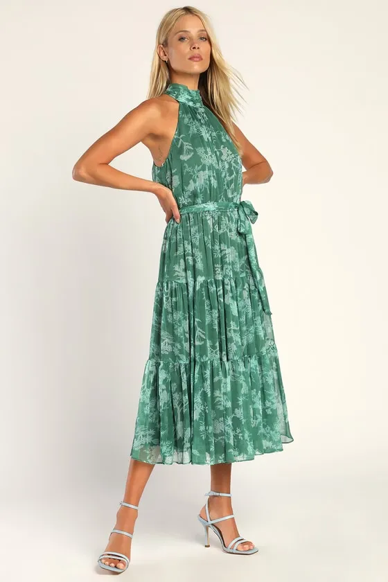 Float to You Green Floral Print Halter Tiered Midi Dress sold by Lulus product image thumbnail 3