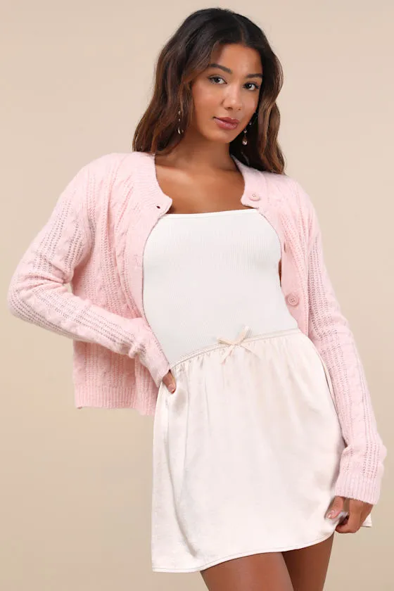 Delicate Aesthetic Cream Satin Bow Mini Skirt sold by Lulus