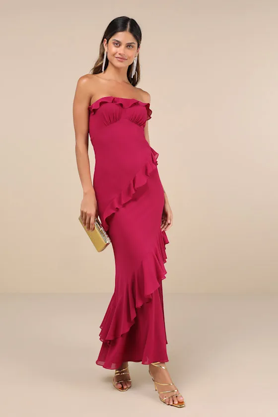 Dramatic Allure Magenta Ruffled Cutout Strapless Maxi Dress sold by Lulus