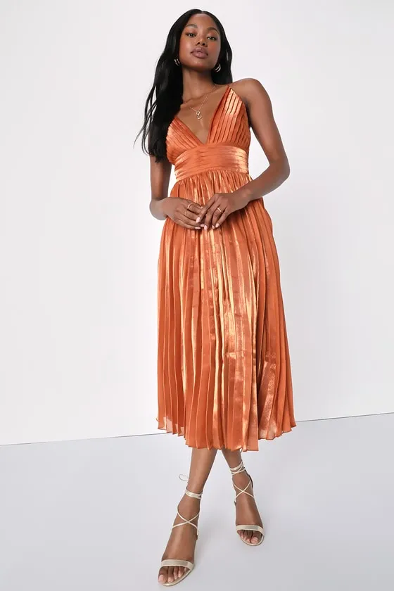 Romantic Aesthetic Shiny Rust Orange Pleated Midi Dress sold by Lulus