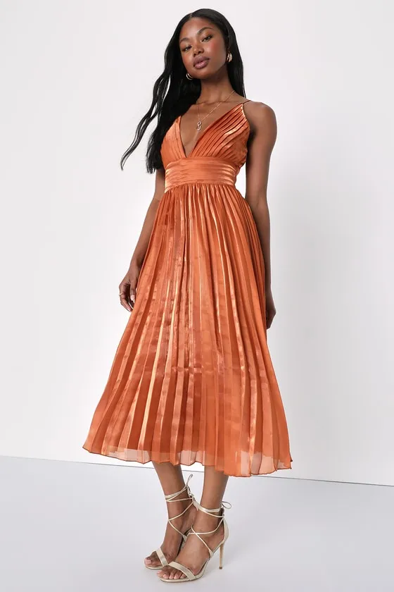 Romantic Aesthetic Shiny Rust Orange Pleated Midi Dress sold by Lulus product image thumbnail 3