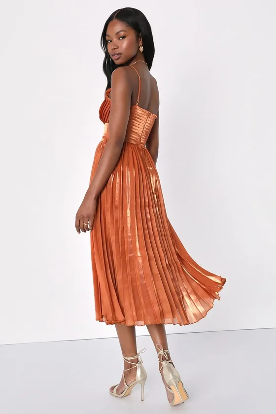 Romantic Aesthetic Shiny Rust Orange Pleated Midi Dress sold by Lulus product image thumbnail 4