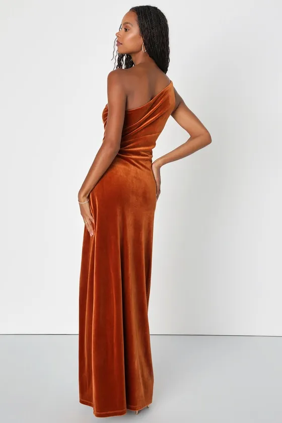 Elegant Era Rust Orange Velvet One-Shoulder Maxi Dress sold by Lulus product image thumbnail 2