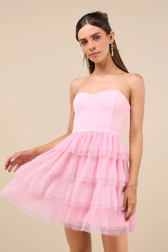 Fabulous Thoughts Light Pink Tulle Strapless Tiered Mini Dress sold by Lulus