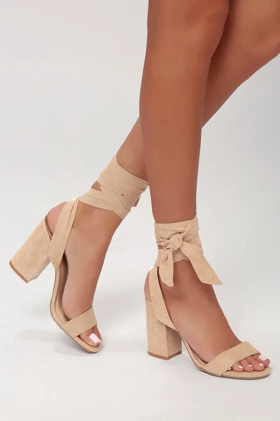 Alta Light Nude Suede Lace-Up Heels sold by Lulus