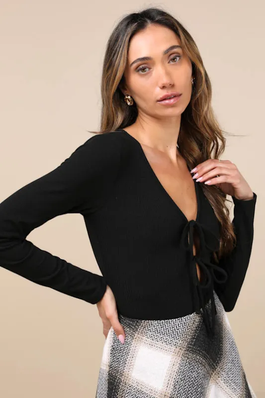 Lovely Ties Black Ribbed Knit Tie-Front Long Sleeve Bodysuit sold by Lulus
