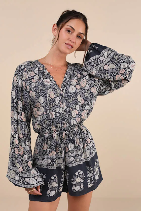 Traveled Aura Charcoal Grey Boho Button-Front Long Sleeve Romper sold by Lulus