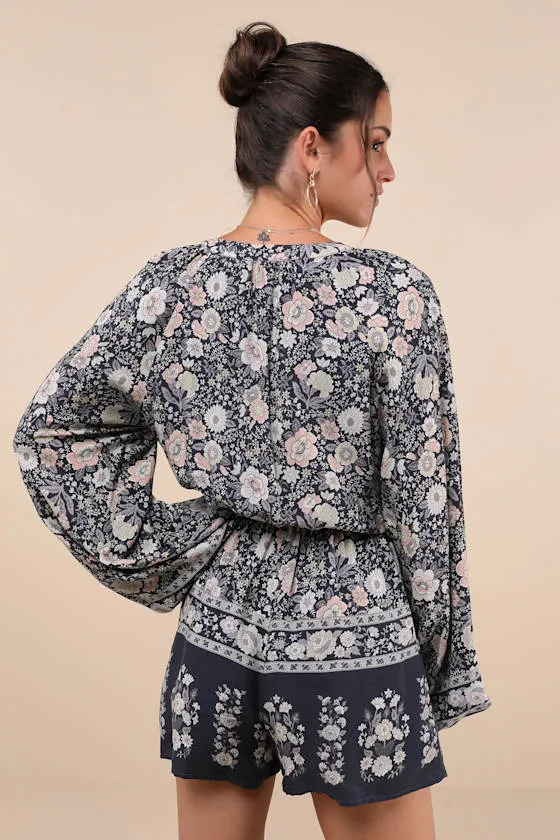 Traveled Aura Charcoal Grey Boho Button-Front Long Sleeve Romper sold by Lulus product image thumbnail 3