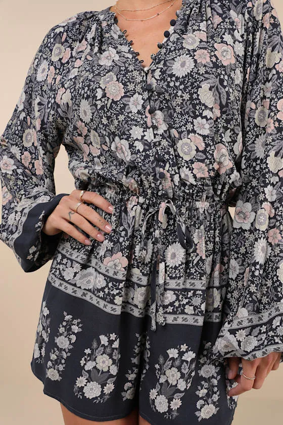 Traveled Aura Charcoal Grey Boho Button-Front Long Sleeve Romper sold by Lulus product image thumbnail 4