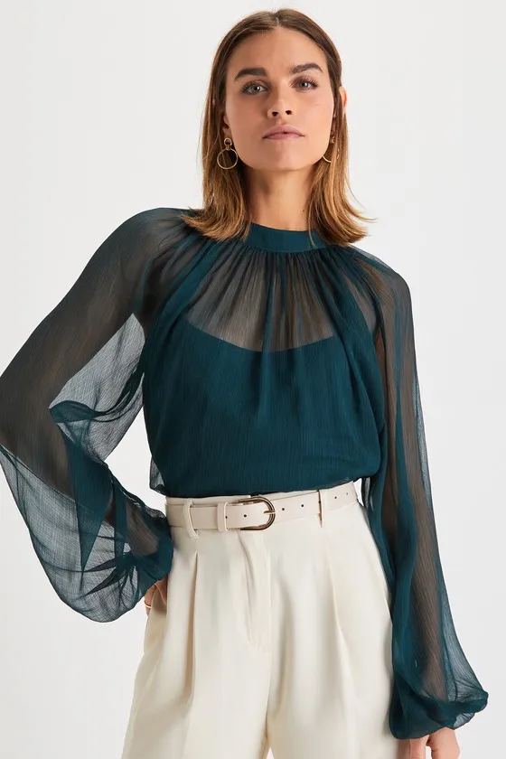 Angelically Airy Emerald Green Balloon Sleeve Top sold by Lulus