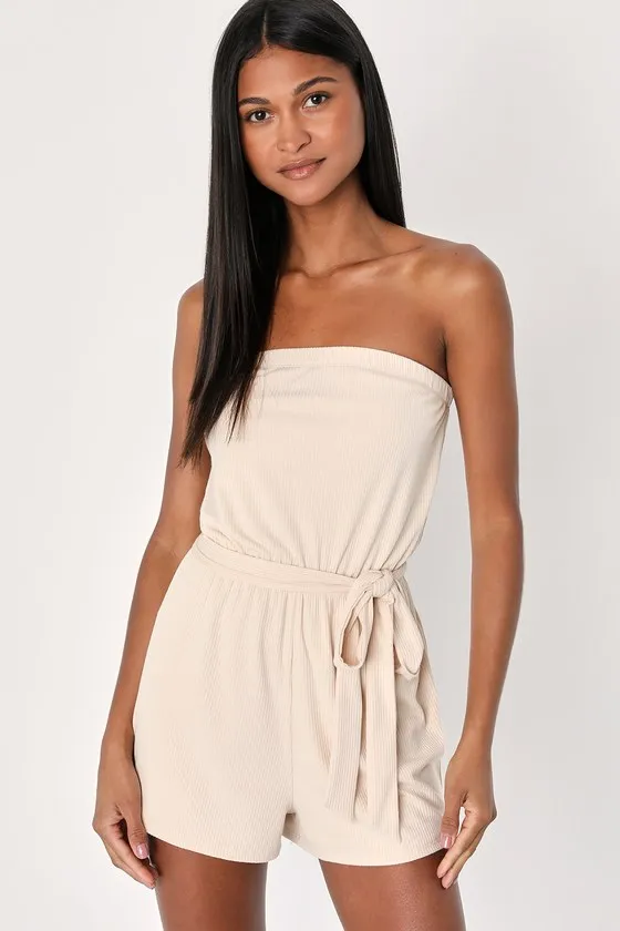 Leisurely Moments Beige Ribbed Knit Strapless Lounge Romper sold by Lulus