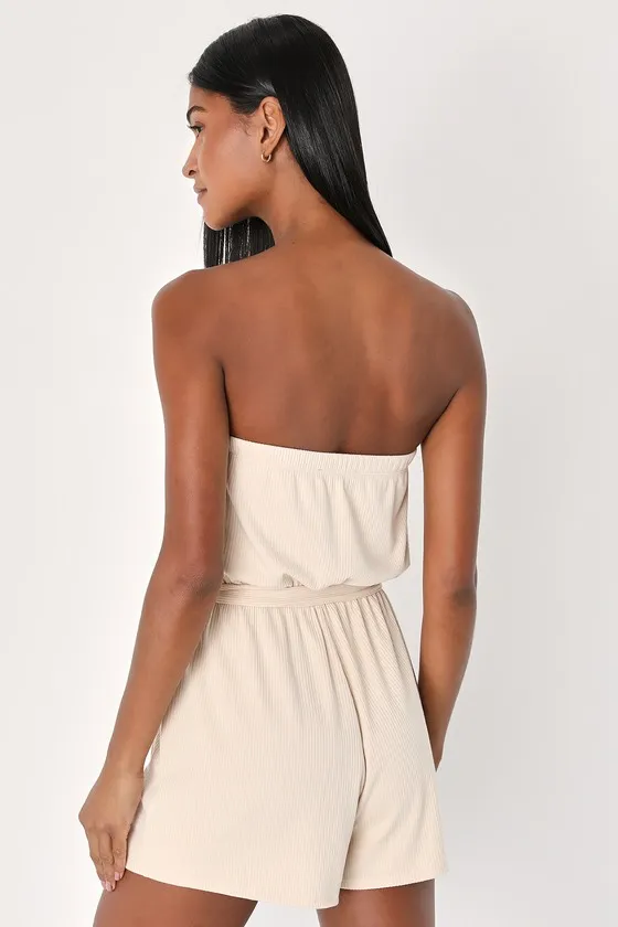 Leisurely Moments Beige Ribbed Knit Strapless Lounge Romper sold by Lulus product image thumbnail 2