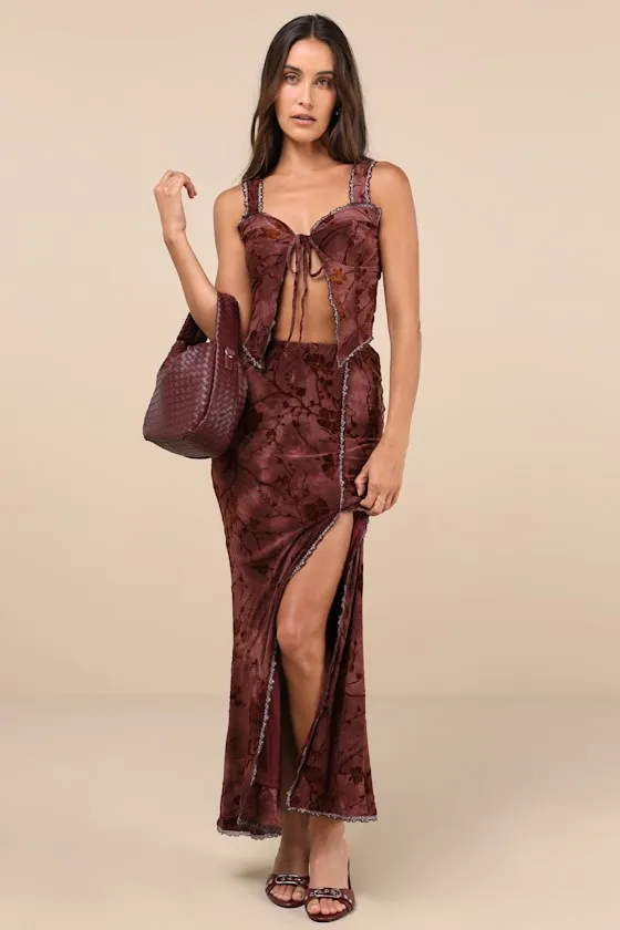 Devore Dark Pink Mesh Velvet Floral Lace Maxi Skirt sold by Lulus
