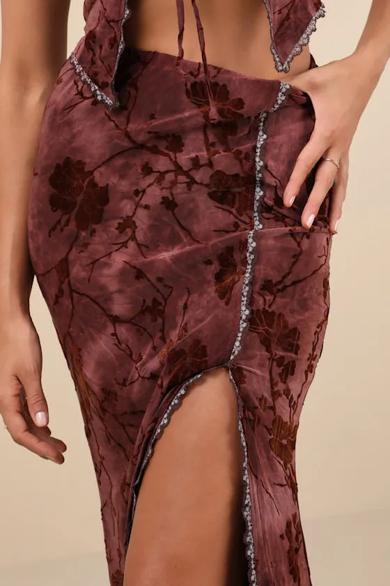 Devore Dark Pink Mesh Velvet Floral Lace Maxi Skirt sold by Lulus product image thumbnail 2