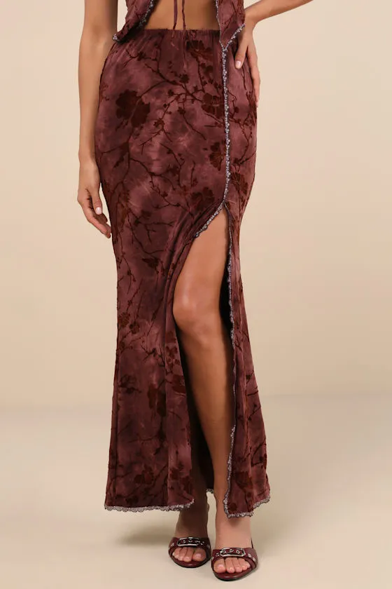 Devore Dark Pink Mesh Velvet Floral Lace Maxi Skirt sold by Lulus product image thumbnail 3
