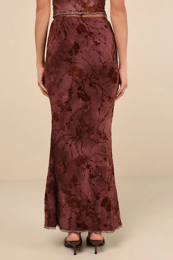 Devore Dark Pink Mesh Velvet Floral Lace Maxi Skirt sold by Lulus product image thumbnail 4