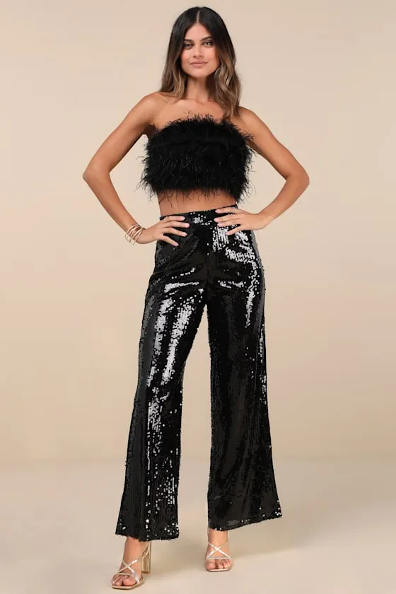 Celebrity Shine Black Feather Sequin Two-Piece Jumpsuit sold by Lulus