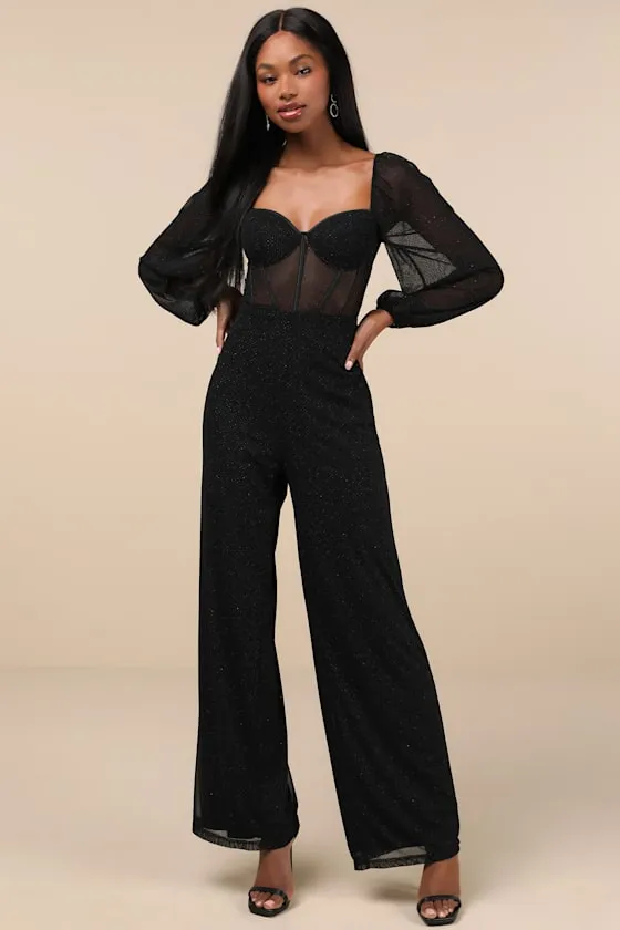 Magnetic Glamour Black Balloon Sleeve Mesh Bustier Jumpsuit sold by Lulus