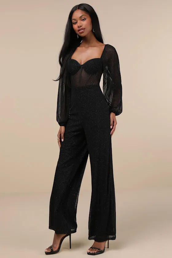 Magnetic Glamour Black Balloon Sleeve Mesh Bustier Jumpsuit sold by Lulus product image thumbnail 2