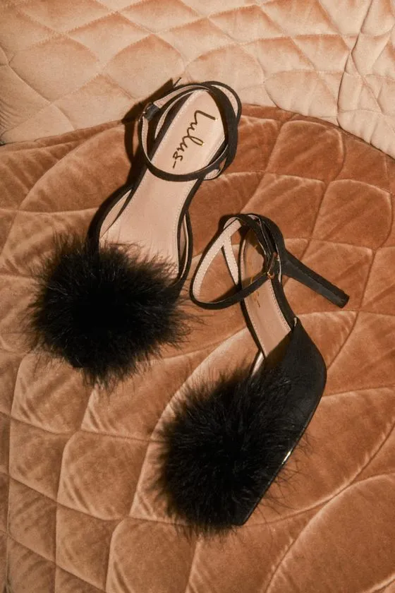 Brodyy Black Feather Pointed-Toe Ankle Strap Pumps sold by Lulus