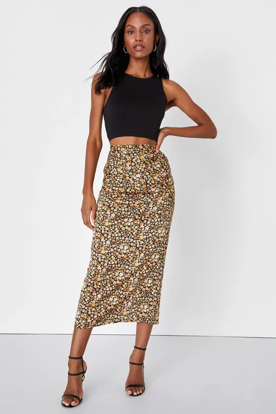 Elevated Choice Black Floral Print Satin Midi Skirt sold by Lulus