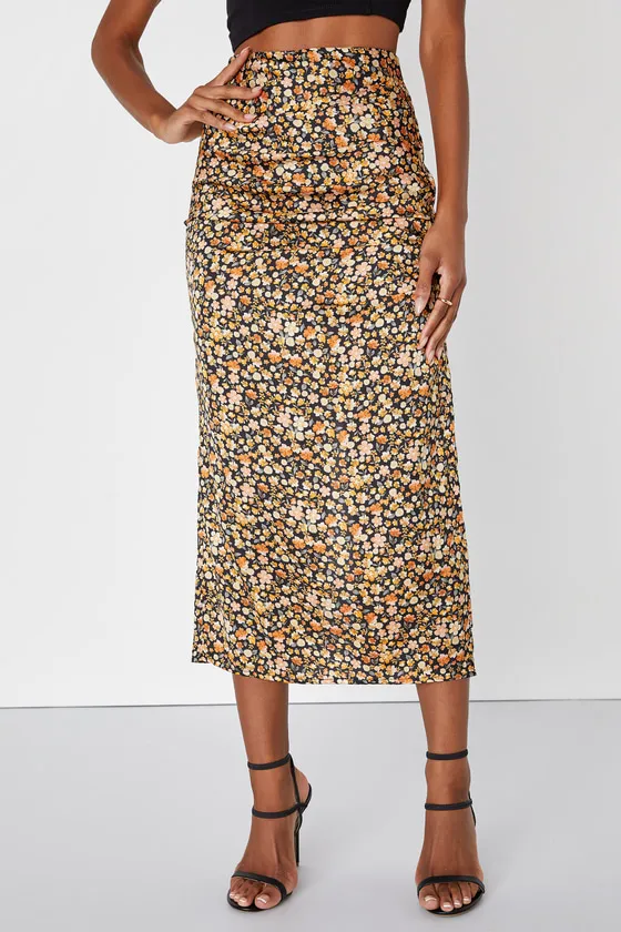 Elevated Choice Black Floral Print Satin Midi Skirt sold by Lulus product image thumbnail 2