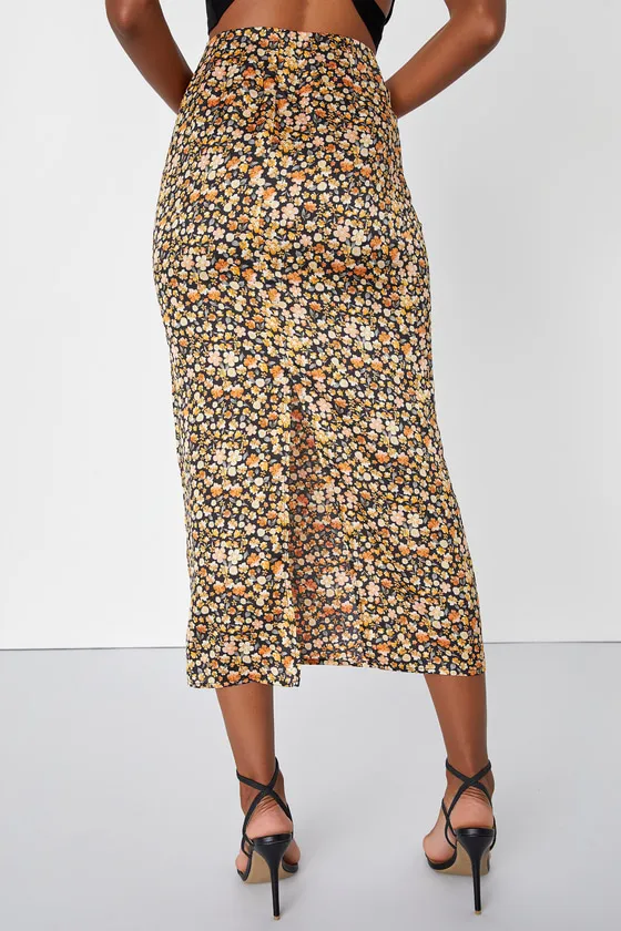 Elevated Choice Black Floral Print Satin Midi Skirt sold by Lulus product image thumbnail 3