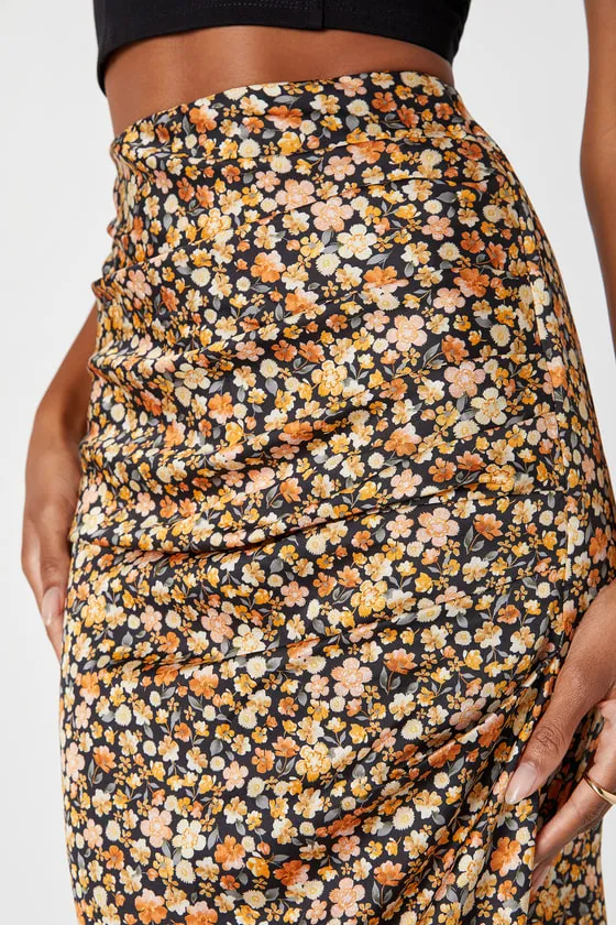 Elevated Choice Black Floral Print Satin Midi Skirt sold by Lulus product image thumbnail 4