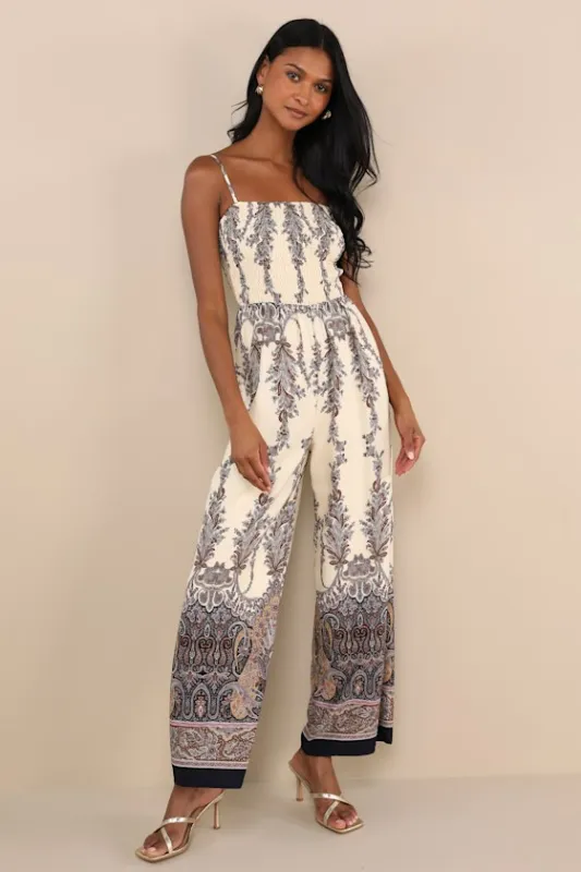 Charming Attitude Ivory Paisley Smocked Wide-Leg Jumpsuit sold by Lulus