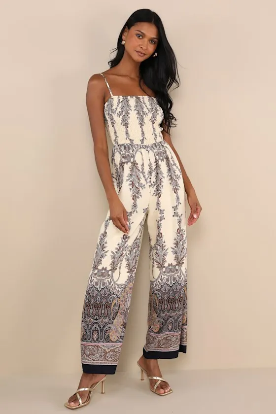 Charming Attitude Ivory Paisley Smocked Wide-Leg Jumpsuit sold by Lulus